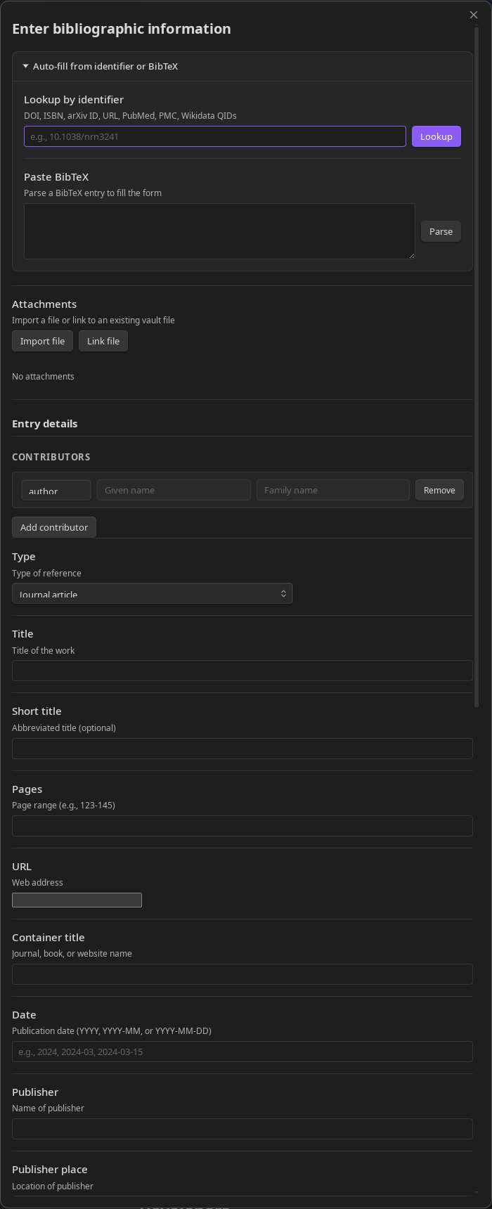 The creation modal with empty fields