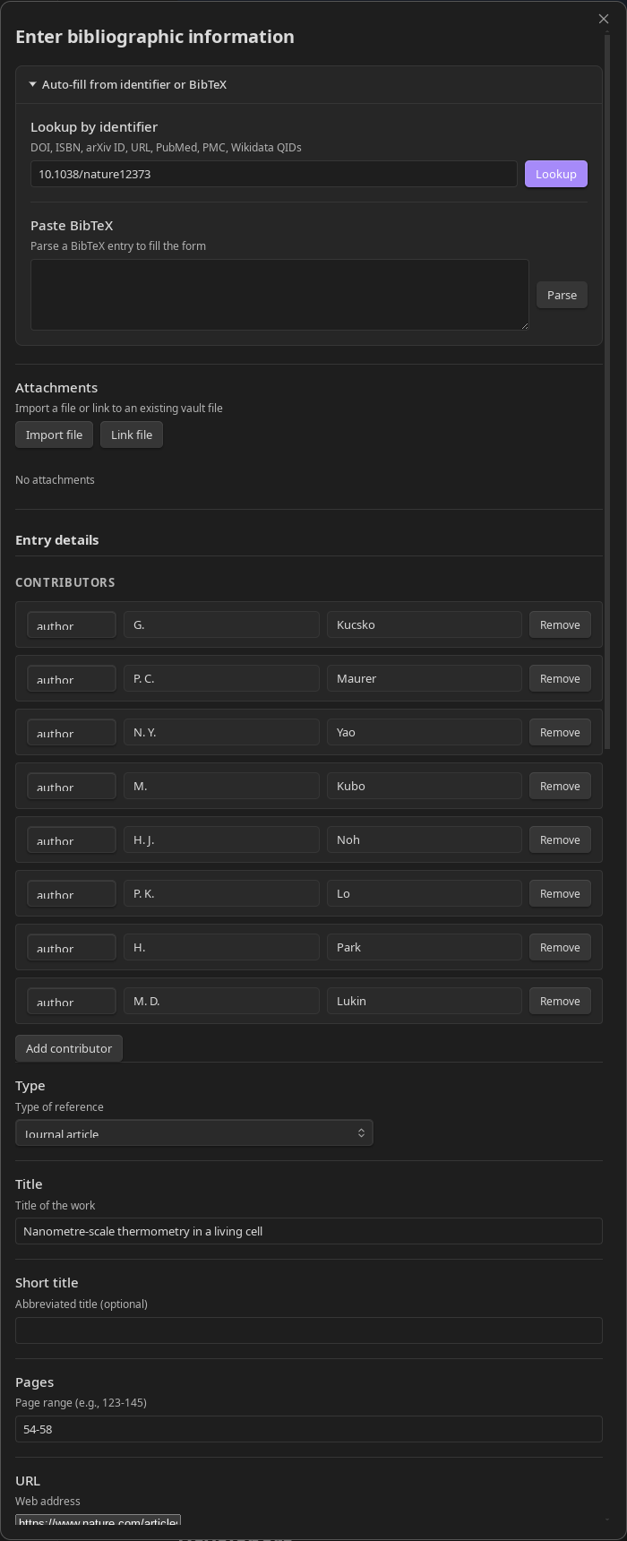 The creation modal after fetching metadata from a DOI